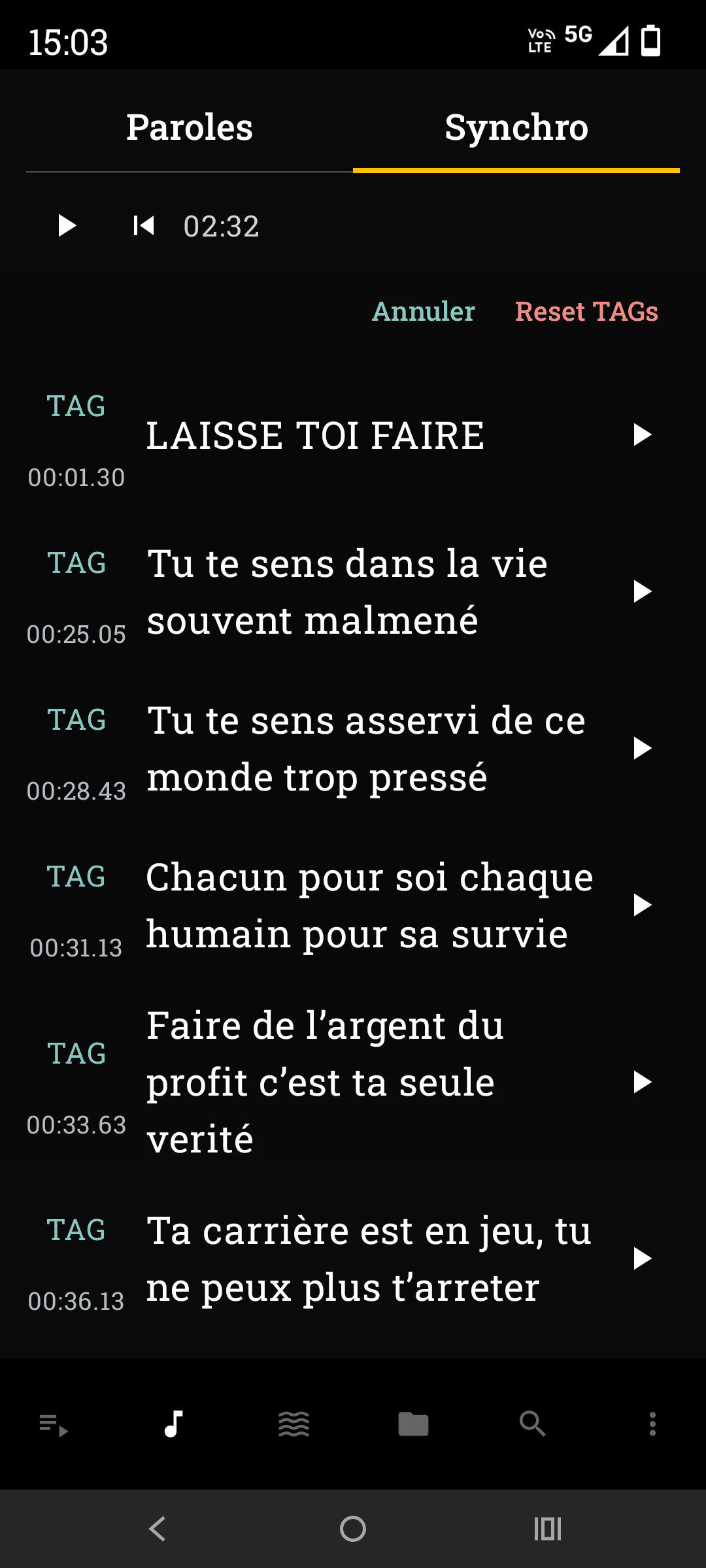 Éditeur de paroles de MusiMio avec texte et onglets Paroles, Accords et Sync