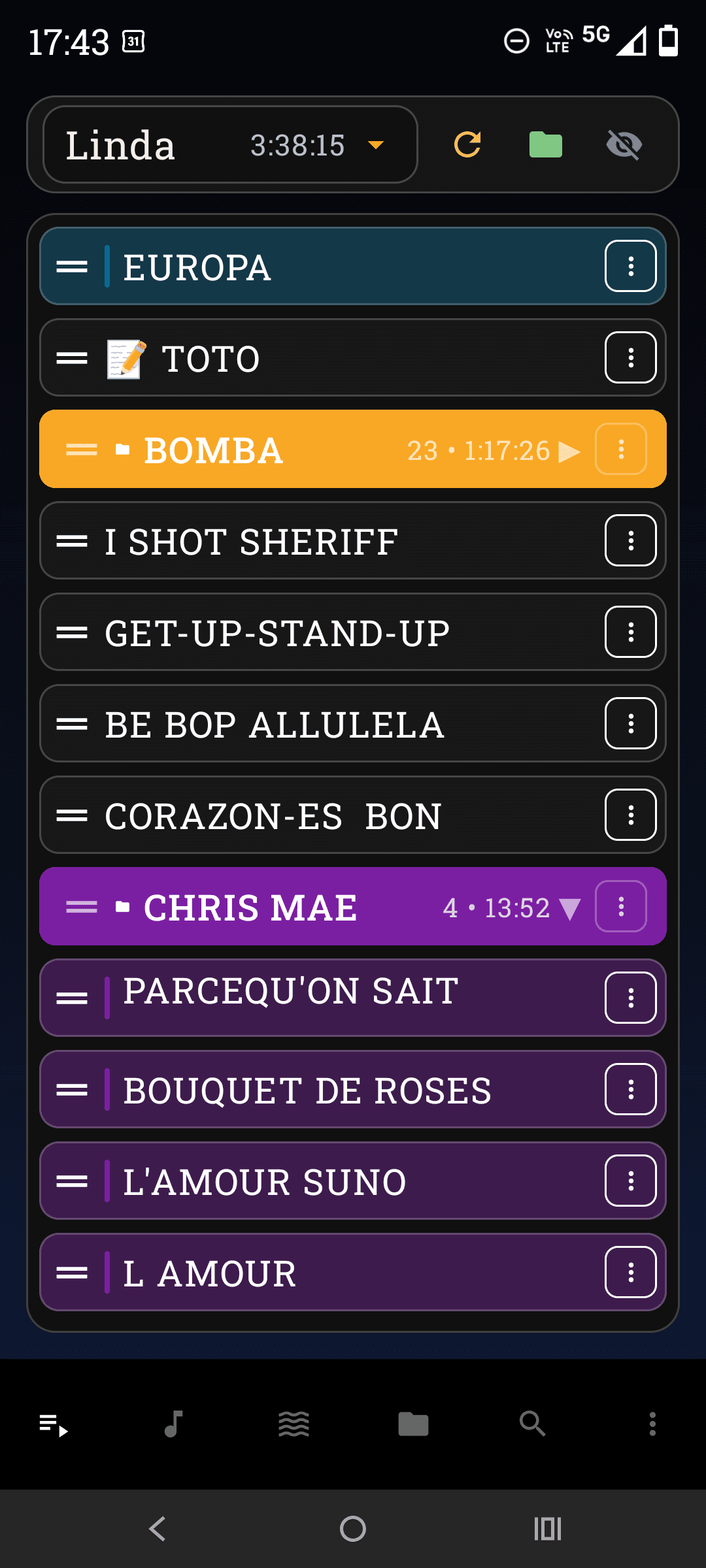 Playlist MusiMio avec plusieurs groupes de morceaux colorés